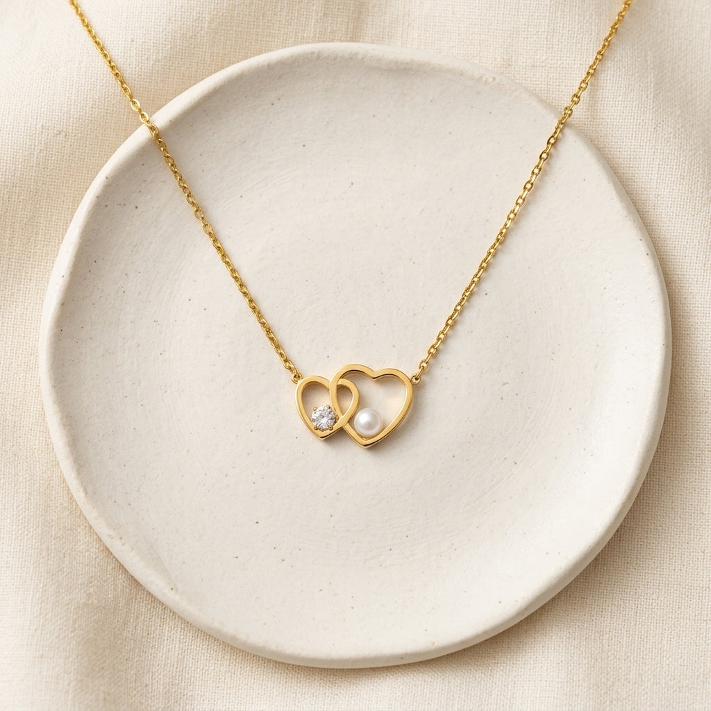 Interlocking Dual Heart Pearl & Crystal Pendant Necklace