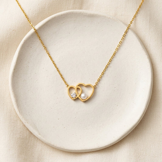 Interlocking Dual Heart Pearl & Crystal Pendant Necklace
