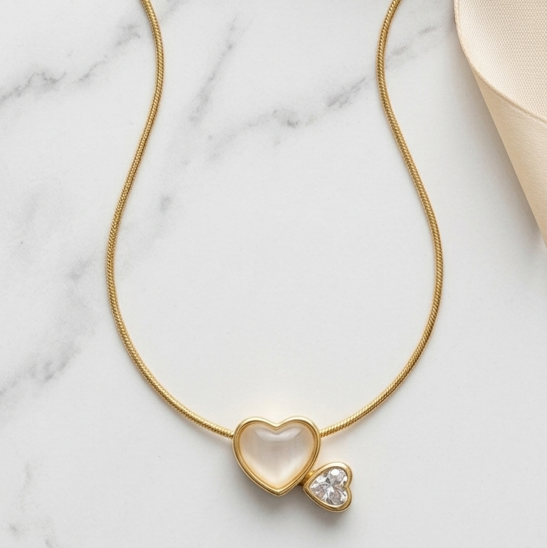 Double Heart Opal & Crystal Pendant Necklace