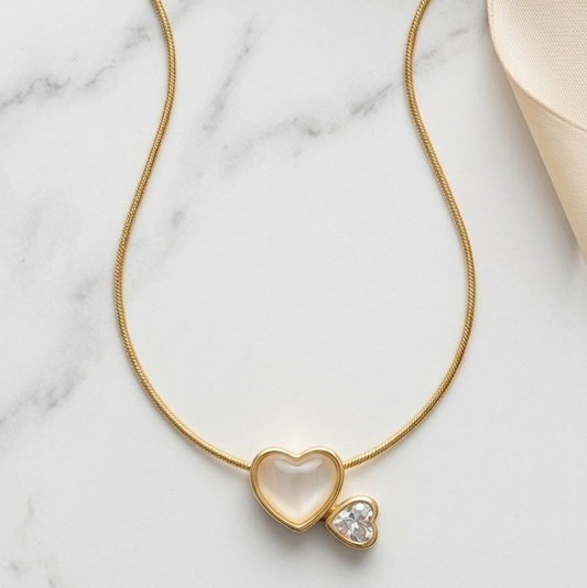 Double Heart Opal & Crystal Pendant Necklace